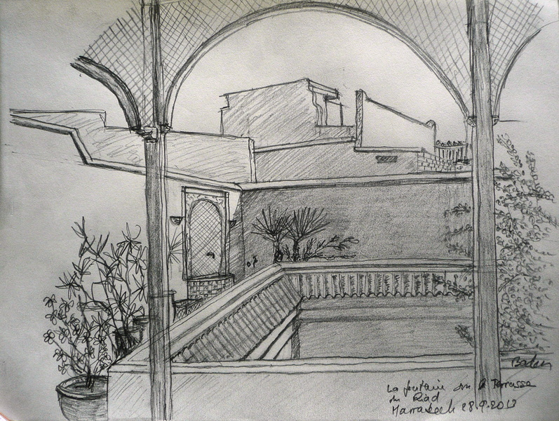 La fontaine de la terrasse du Riad - Crayon sur papier A4 - 28.09.2013.jpg
