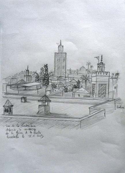 Vue de la Koutoubia depuis la terrasse de la Maison de la Photo - crayon sur papier A4 - 25.09.2013.jpg