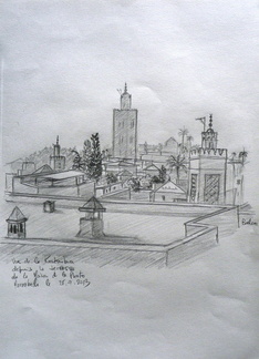 Vue de la Koutoubia depuis la terrasse de la Maison de la Photo - crayon sur papier A4 - 25.09.2013