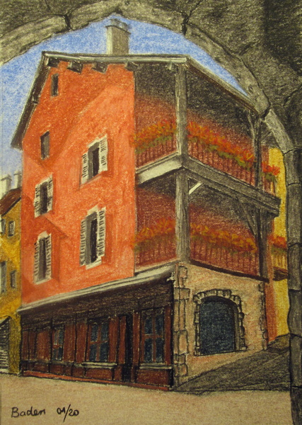 Maison rouge Faubourg des Annonciades à Annecy - Crayon-pastel 15x20 - 01.2020