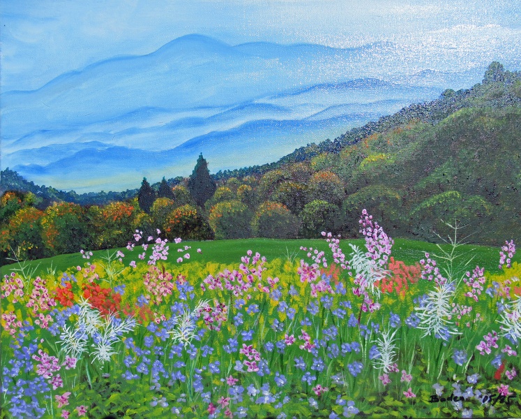 Fleurs et montagnes - Huile sur toile 50x40 - 05.2025